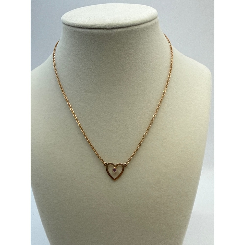 Avon Gold Tone Heart Pendant Necklace Purple Rhinestone Dainty Jewelry 17 Inch